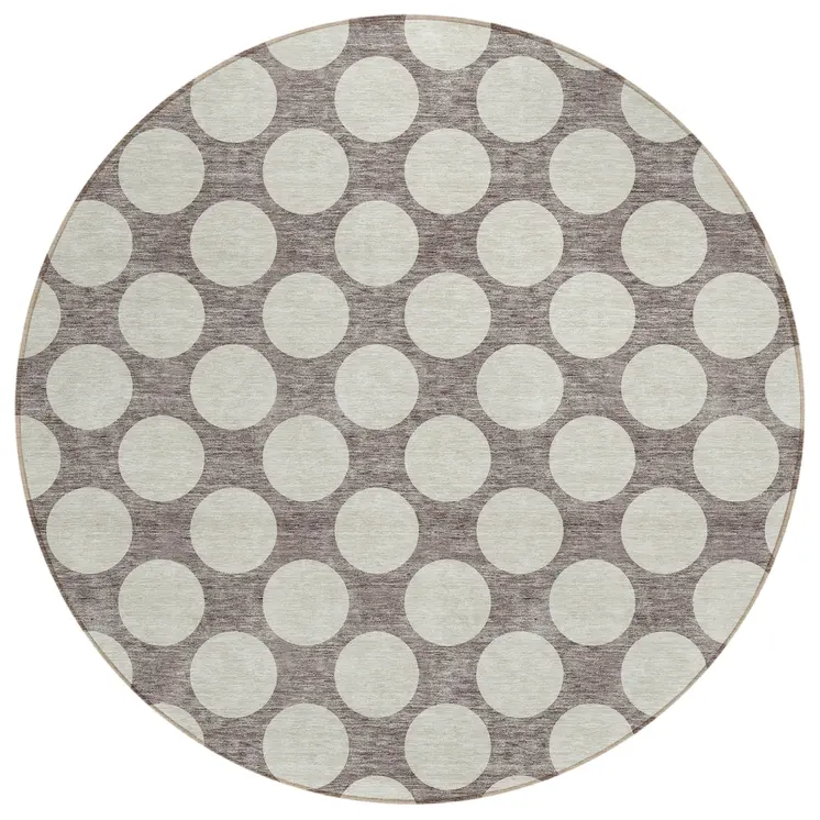 8' Taupe And Gray Round Polka Dot Washable Indoor Outdoor Area Rug