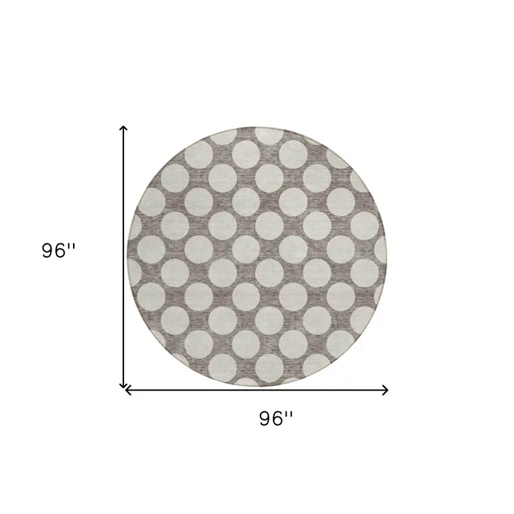 8' Taupe And Gray Round Polka Dot Washable Indoor Outdoor Area Rug