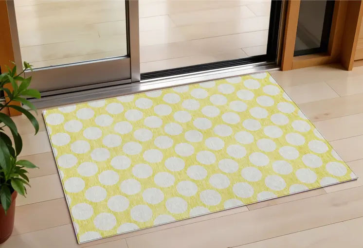 3' X 5' Yellow And Gray Polka Dot Washable Indoor Outdoor Area Rug