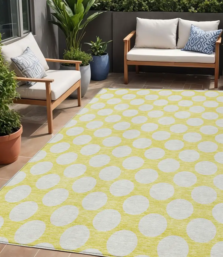 5' X 8' Yellow And Gray Polka Dot Washable Indoor Outdoor Area Rug