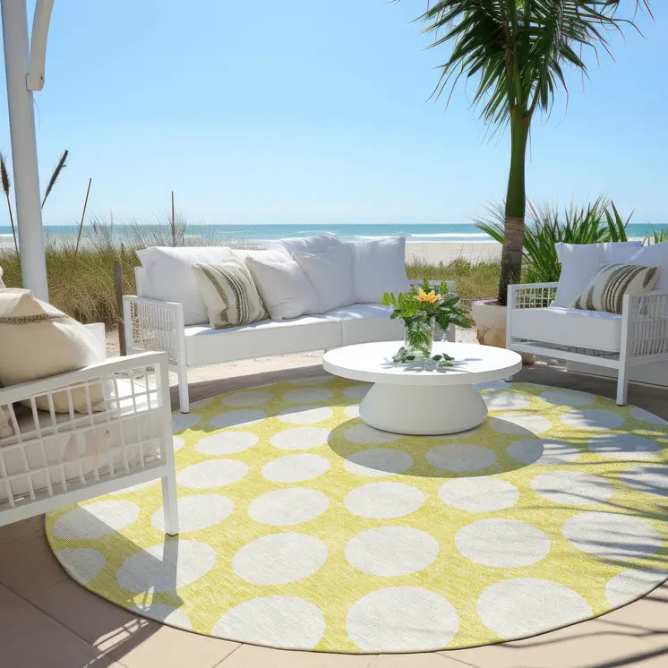 8' Yellow And Gray Round Polka Dot Washable Indoor Outdoor Area Rug