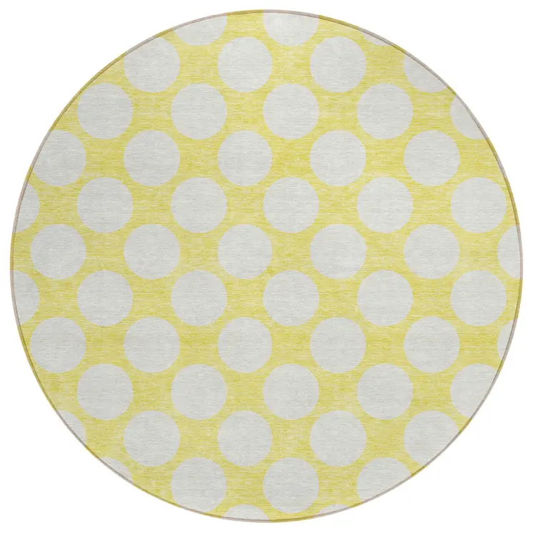 8' Yellow And Gray Round Polka Dot Washable Indoor Outdoor Area Rug