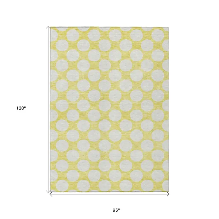 8' X 10' Yellow And Gray Polka Dot Washable Indoor Outdoor Area Rug