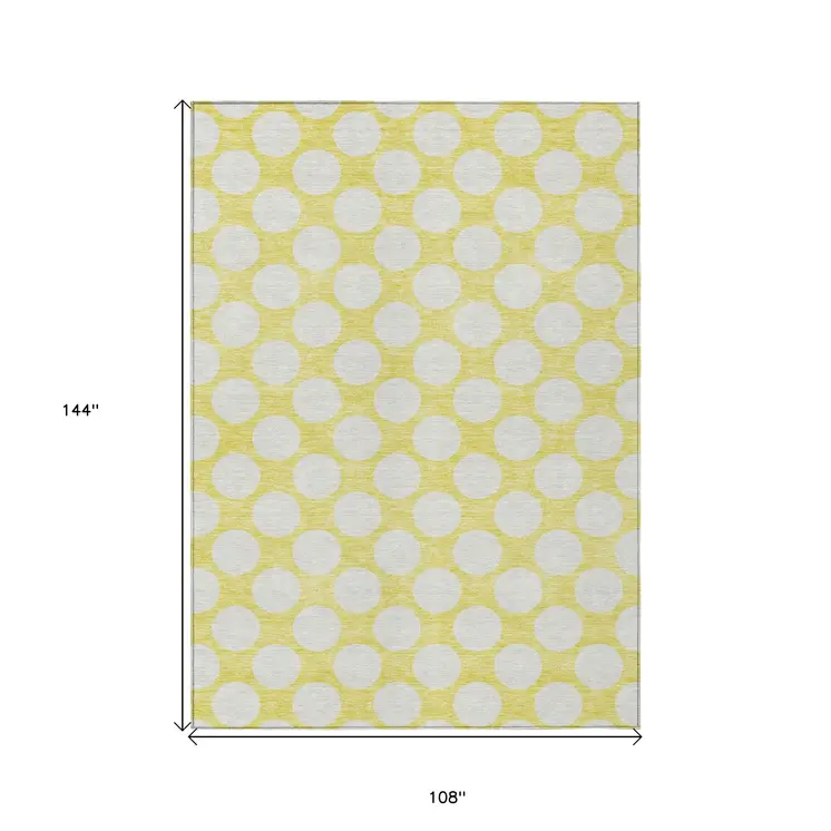 9' X 12' Yellow And Gray Polka Dot Washable Indoor Outdoor Area Rug