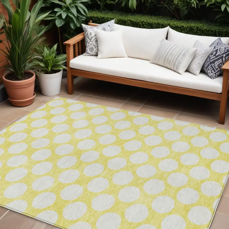 9' X 12' Yellow And Gray Polka Dot Washable Indoor Outdoor Area Rug