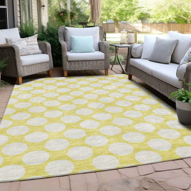 10' X 14' Yellow And Gray Polka Dot Washable Indoor Outdoor Area Rug