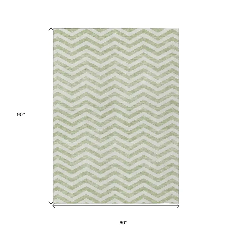 5' X 8' Artichoke Green And Ivory Chevron Washable Indoor Outdoor Area Rug