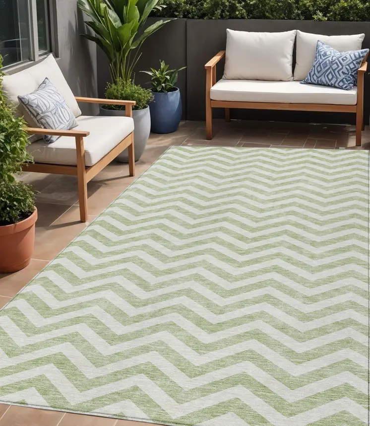 5' X 8' Artichoke Green And Ivory Chevron Washable Indoor Outdoor Area Rug
