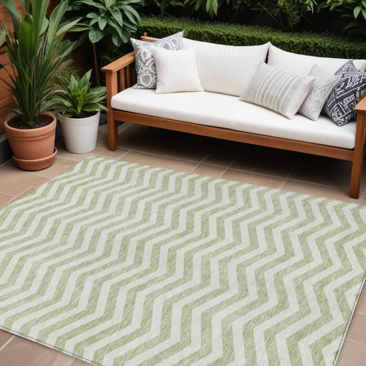 10' X 14' Artichoke Green And Ivory Chevron Washable Indoor Outdoor Area Rug