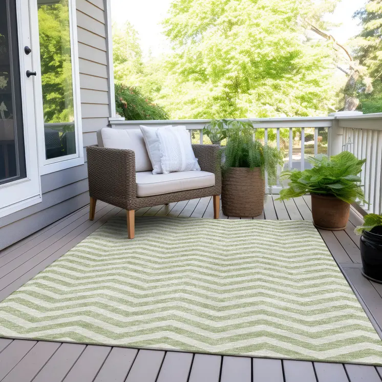 10' X 14' Artichoke Green And Ivory Chevron Washable Indoor Outdoor Area Rug