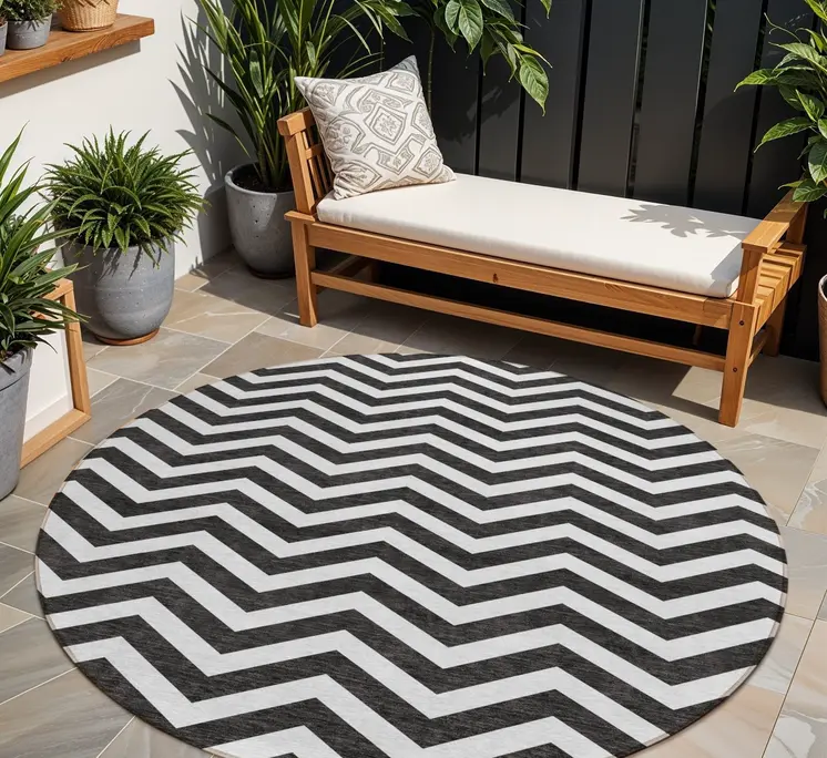 8' Black And Ivory Round Chevron Washable Indoor Outdoor Area Rug