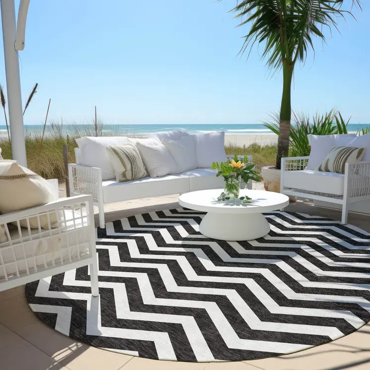 8' Black And Ivory Round Chevron Washable Indoor Outdoor Area Rug