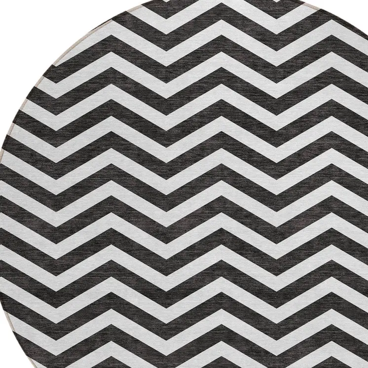 8' Black And Ivory Round Chevron Washable Indoor Outdoor Area Rug