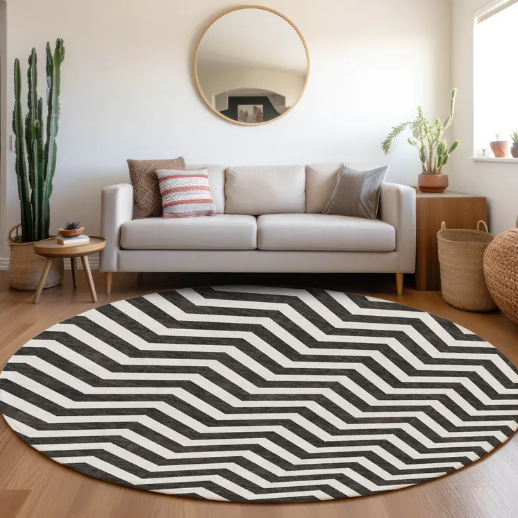8' Black And Ivory Round Chevron Washable Indoor Outdoor Area Rug
