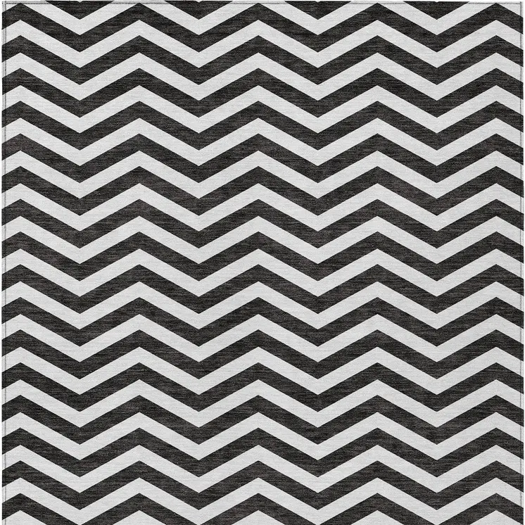 8' X 10' Black And Ivory Chevron Washable Indoor Outdoor Area Rug