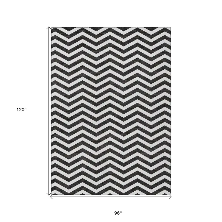 8' X 10' Black And Ivory Chevron Washable Indoor Outdoor Area Rug
