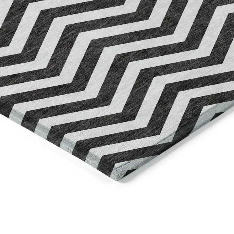 8' X 10' Black And Ivory Chevron Washable Indoor Outdoor Area Rug