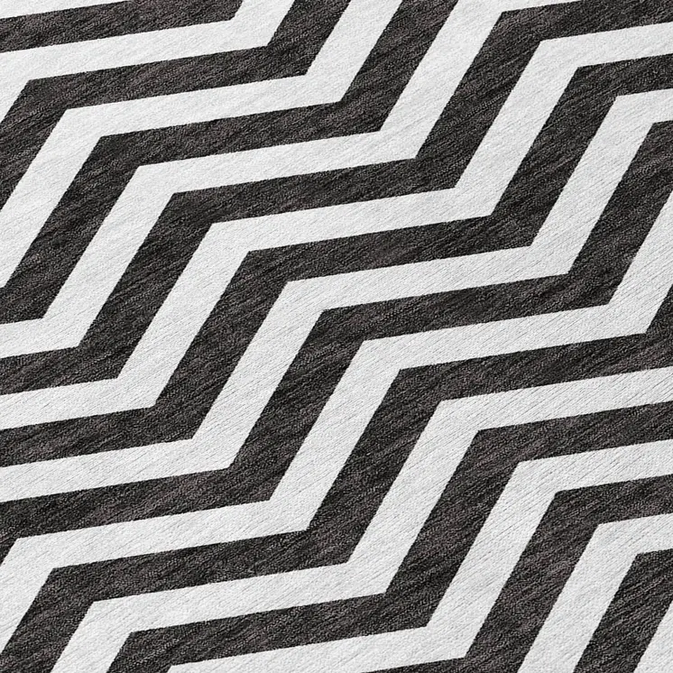 8' X 10' Black And Ivory Chevron Washable Indoor Outdoor Area Rug