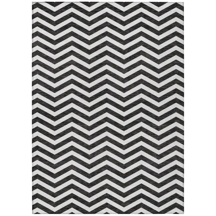 9' X 12' Black And Ivory Chevron Washable Indoor Outdoor Area Rug