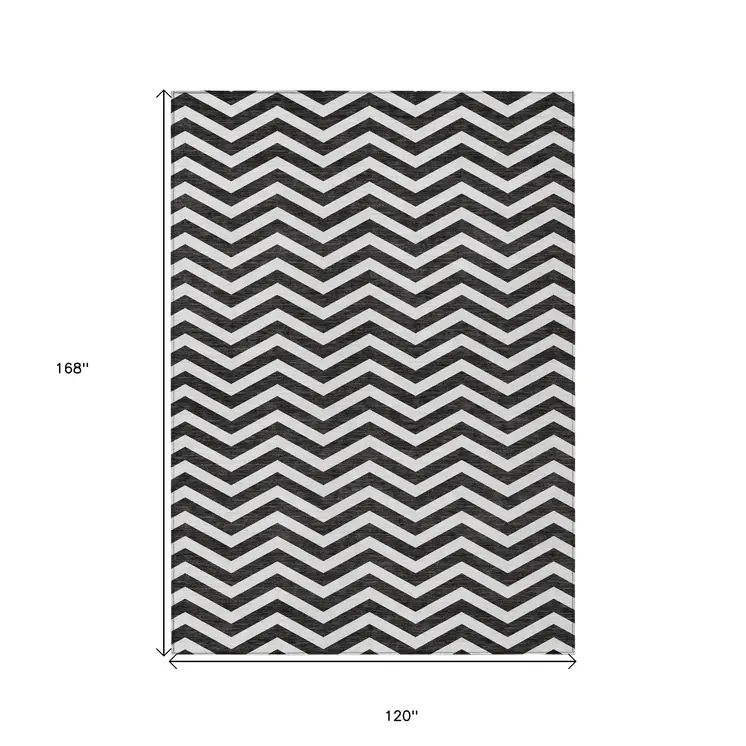 10' X 14' Black And Ivory Chevron Washable Indoor Outdoor Area Rug