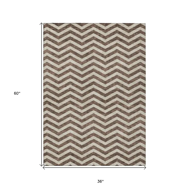 3' X 5' Brown And Beige Chevron Washable Indoor Outdoor Area Rug