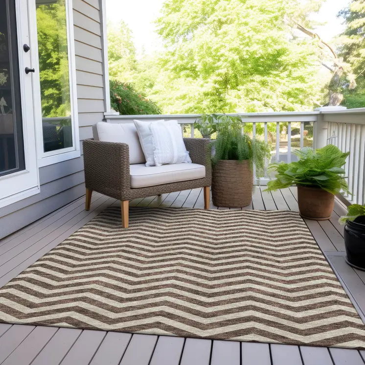 5' X 8' Brown And Beige Chevron Washable Indoor Outdoor Area Rug
