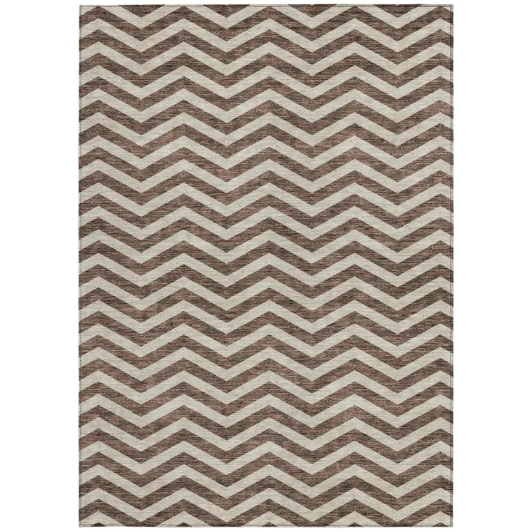 9' X 12' Brown And Beige Chevron Washable Indoor Outdoor Area Rug