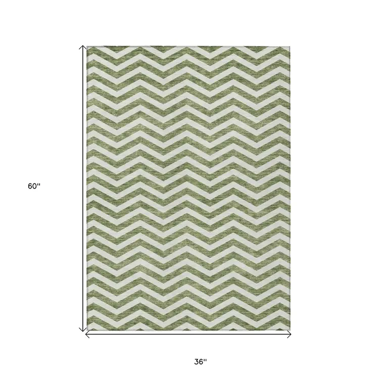 3' X 5' Green And Ivory Chevron Washable Indoor Outdoor Area Rug