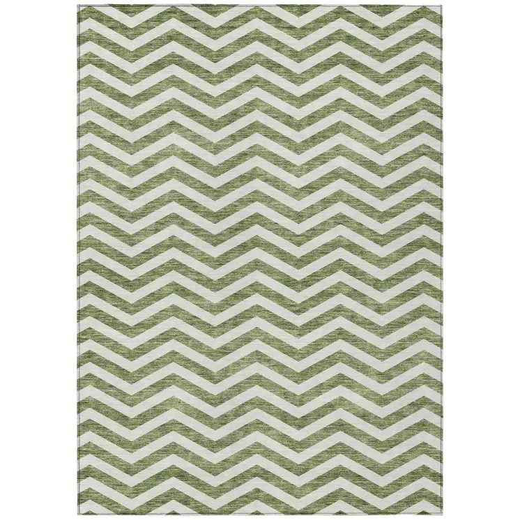 3' X 5' Green And Ivory Chevron Washable Indoor Outdoor Area Rug