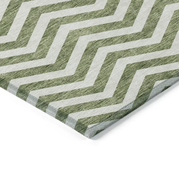 3' X 5' Green And Ivory Chevron Washable Indoor Outdoor Area Rug