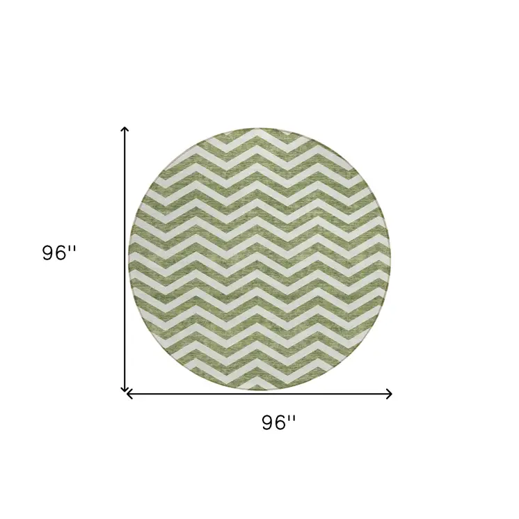 8' Green And Ivory Round Chevron Washable Indoor Outdoor Area Rug