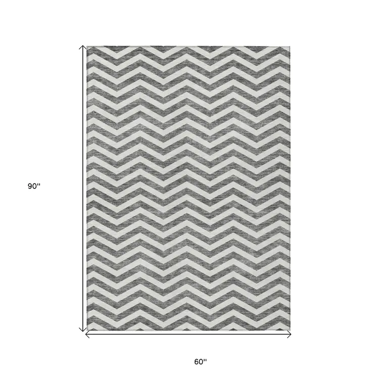 5' X 8' Gray And Ivory Chevron Washable Indoor Outdoor Area Rug