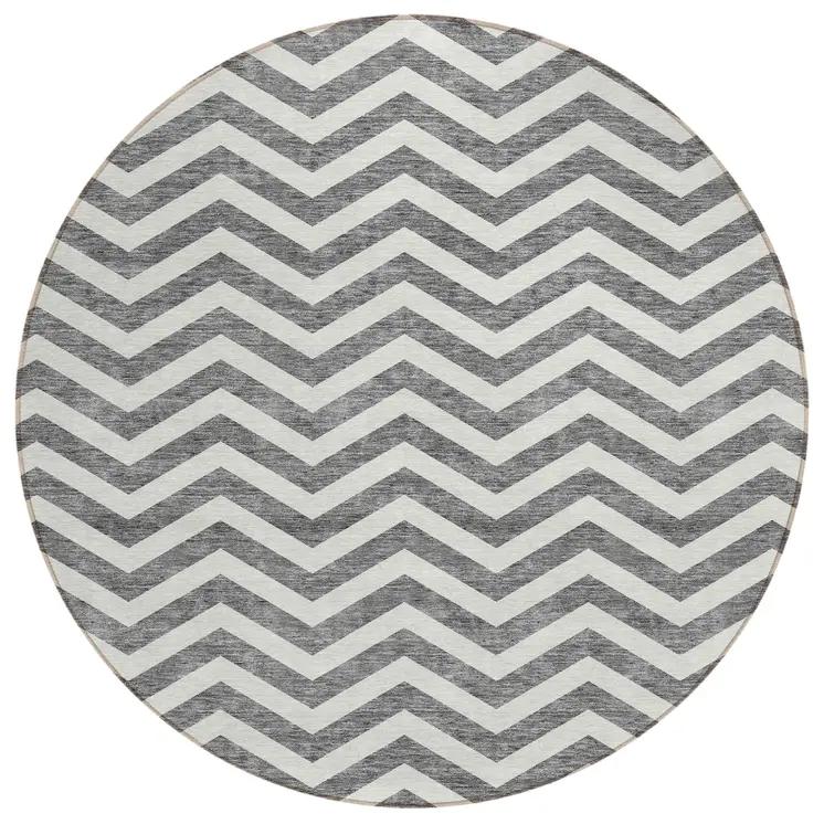 8' Gray And Ivory Round Chevron Washable Indoor Outdoor Area Rug
