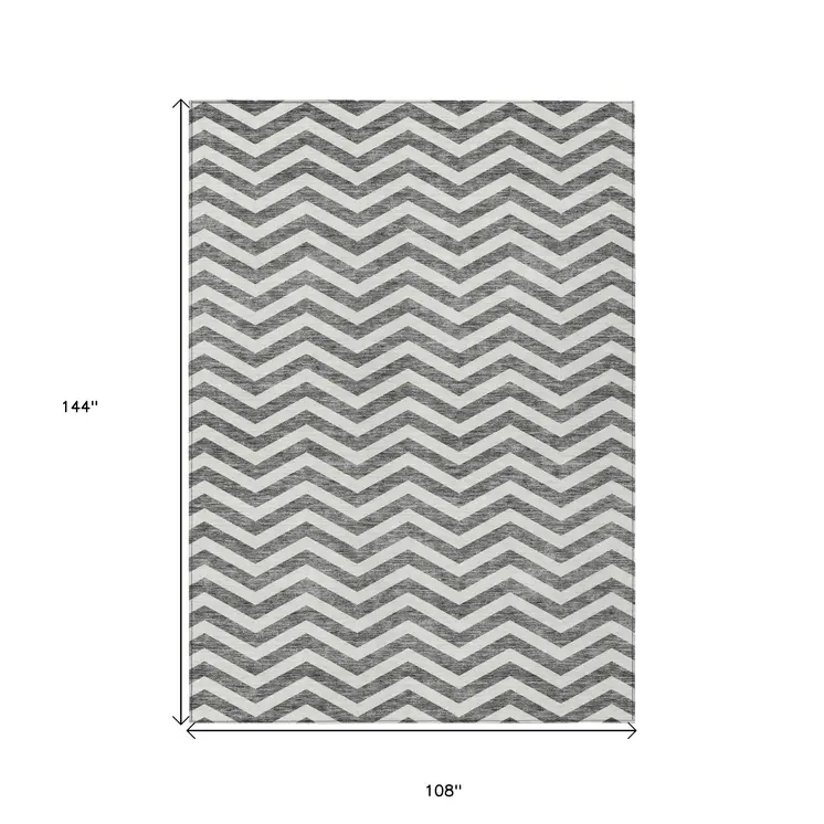 9' X 12' Gray And Ivory Chevron Washable Indoor Outdoor Area Rug