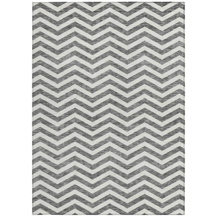 9' X 12' Gray And Ivory Chevron Washable Indoor Outdoor Area Rug