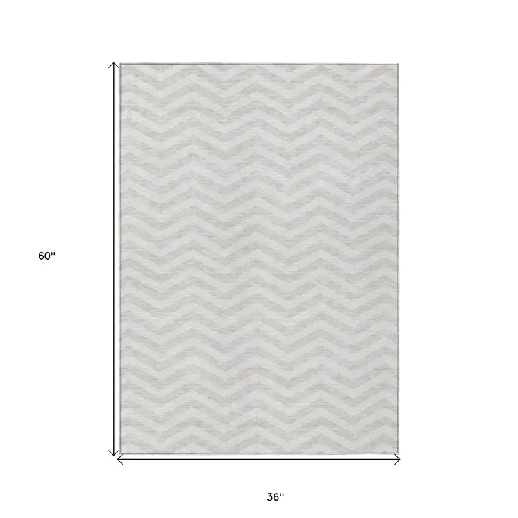 3' X 5' Ivory And Silver Chevron Washable Indoor Outdoor Area Rug