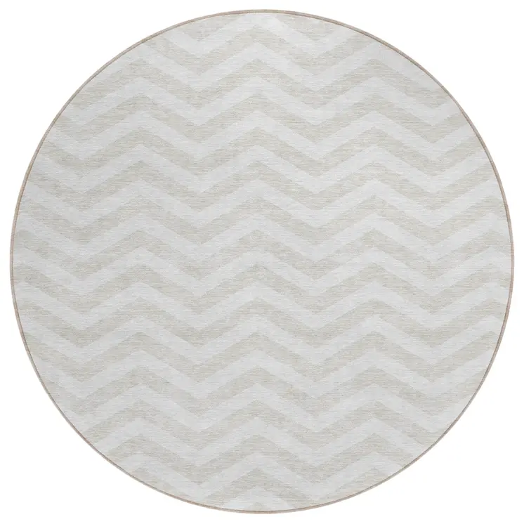 8' Ivory And Silver Round Chevron Washable Indoor Outdoor Area Rug