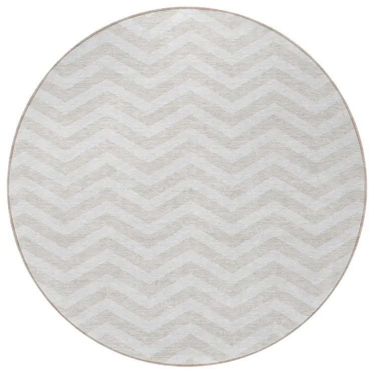 8' Ivory And Silver Round Chevron Washable Indoor Outdoor Area Rug