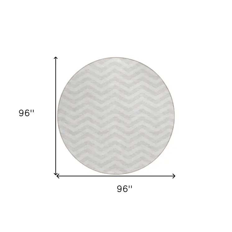 8' Ivory And Silver Round Chevron Washable Indoor Outdoor Area Rug