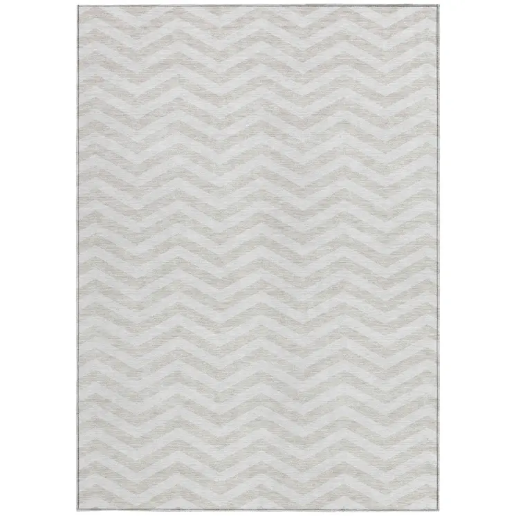 9' X 12' Ivory And Silver Chevron Washable Indoor Outdoor Area Rug
