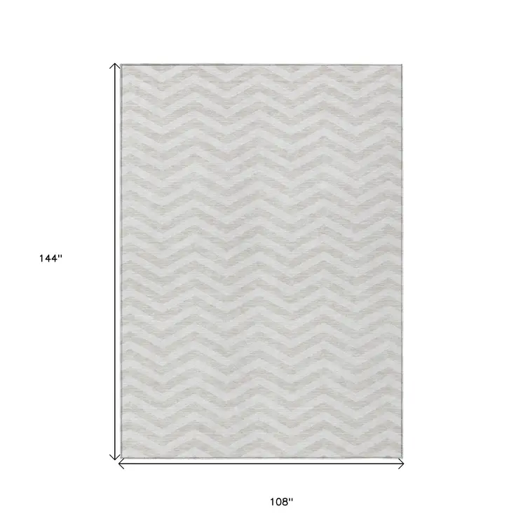 9' X 12' Ivory And Silver Chevron Washable Indoor Outdoor Area Rug