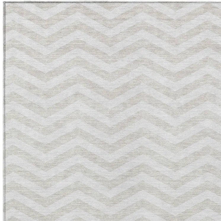 9' X 12' Ivory And Silver Chevron Washable Indoor Outdoor Area Rug