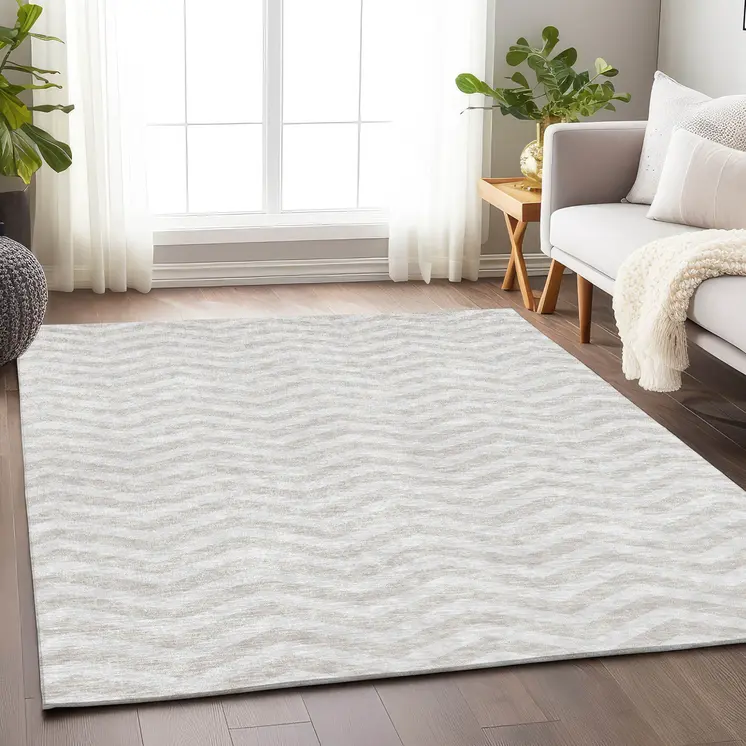 10' X 14' Ivory And Silver Chevron Washable Indoor Outdoor Area Rug