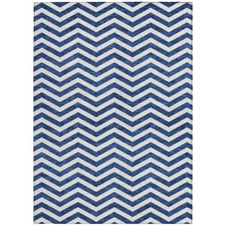 3' X 5' Navy Blue And Ivory Chevron Washable Indoor Outdoor Area Rug