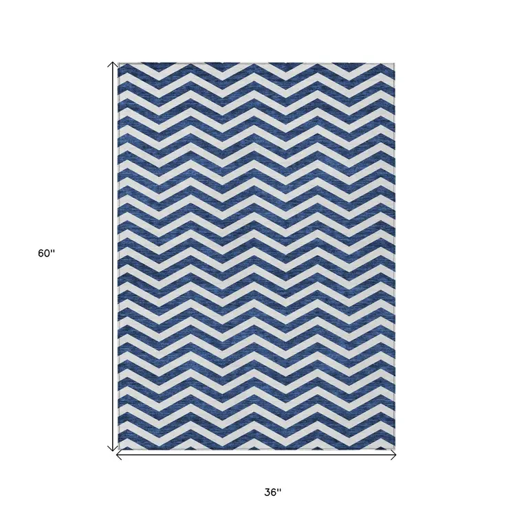 3' X 5' Navy Blue And Ivory Chevron Washable Indoor Outdoor Area Rug