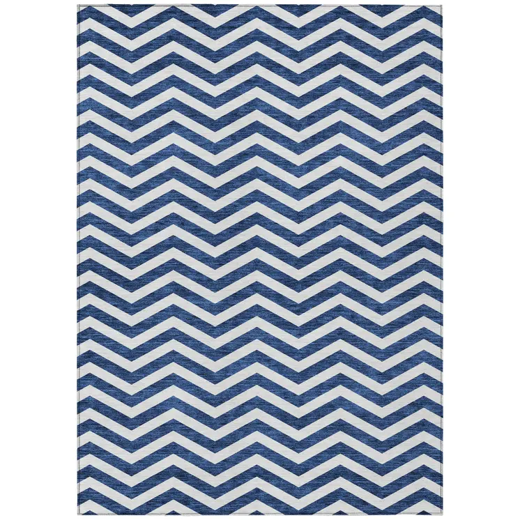 3' X 5' Navy Blue And Ivory Chevron Washable Indoor Outdoor Area Rug