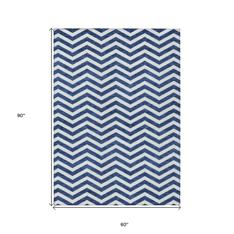 5' X 8' Navy Blue And Ivory Chevron Washable Indoor Outdoor Area Rug