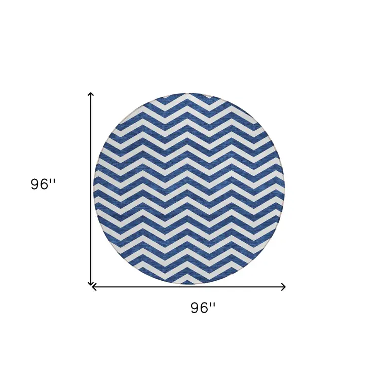 8' Navy Blue And Ivory Round Chevron Washable Indoor Outdoor Area Rug