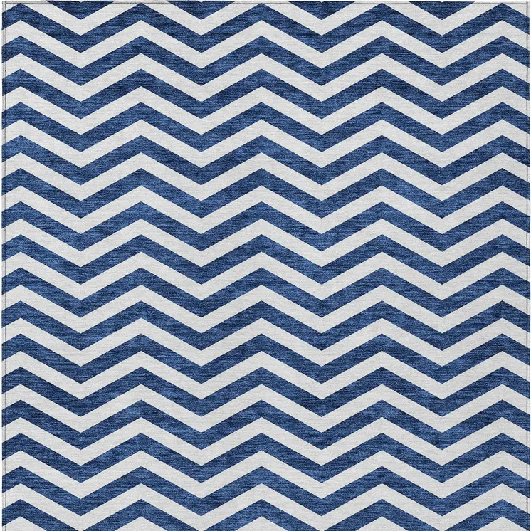 8' X 10' Navy Blue And Ivory Chevron Washable Indoor Outdoor Area Rug