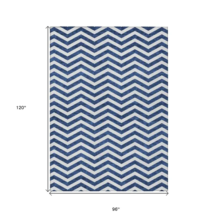 8' X 10' Navy Blue And Ivory Chevron Washable Indoor Outdoor Area Rug
